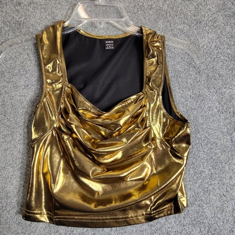 Shein Gold Metallic Crop Top Sleeveless Party Tank Top Ruched Front Size S